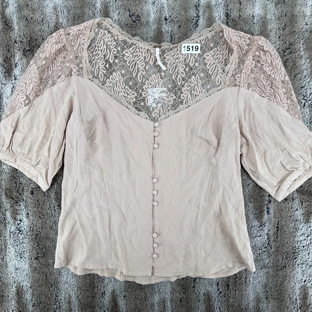 Free People Woman Blouse Large Mauve Rose lace top Boho 3/4 Sleeve NWOT